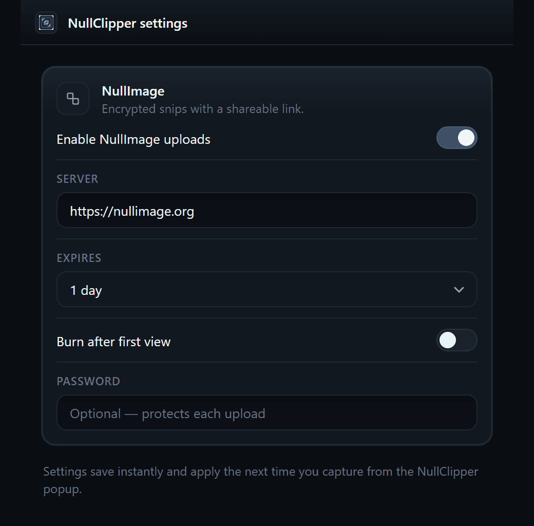 NullClipper's settings page: NullImage server URL, expiry, burn after first view, and an optional password