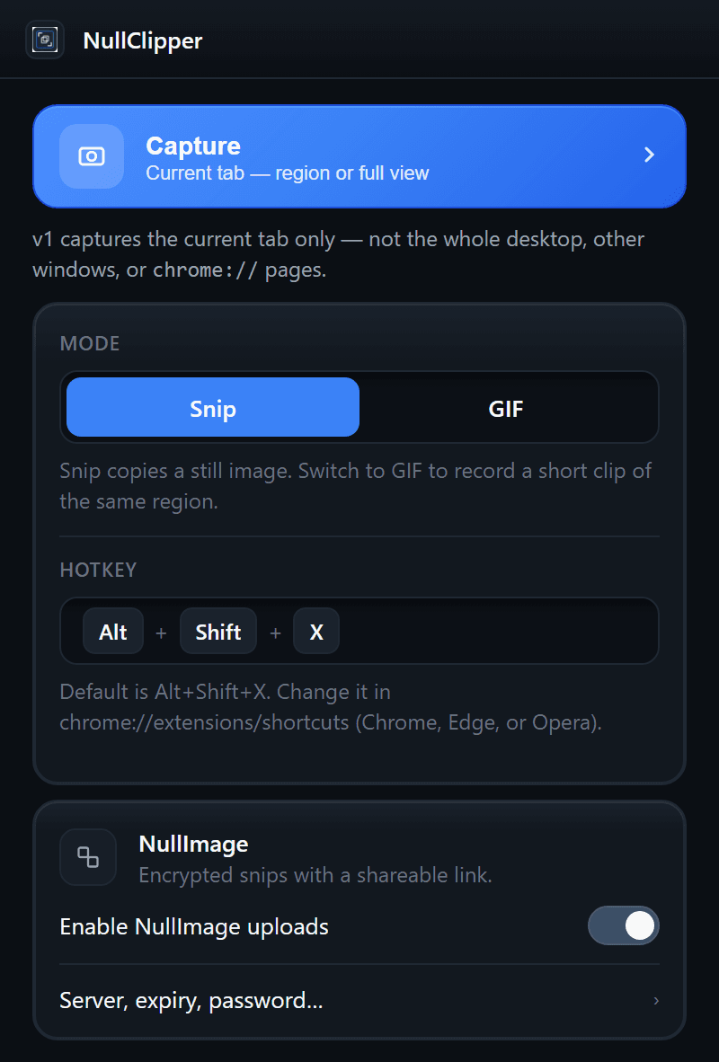 The NullClipper extension popup with a Capture button, Snip/GIF mode, the Alt+Shift+X hotkey, and the NullImage switch