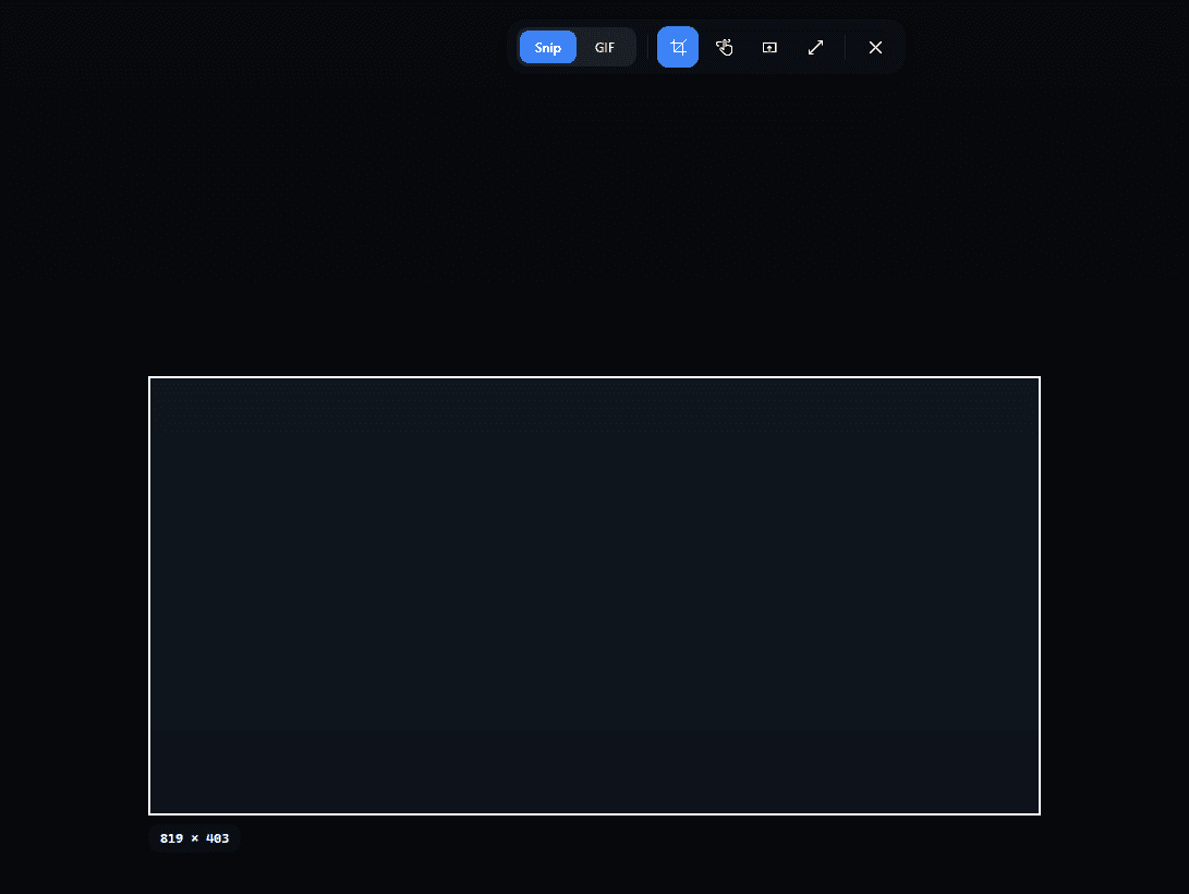 NullClipper's capture overlay: dimmed screen, the Snip/GIF toolbar with region, freeform, window, and fullscreen modes, and a rectangular selection with a live size badge